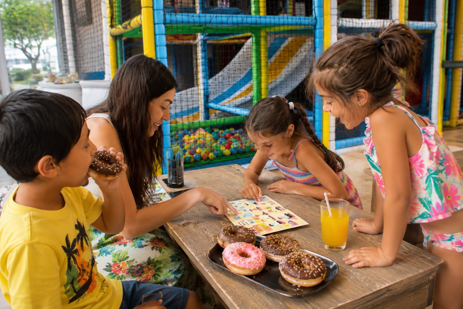 Oyun Moyun kafesinde donut yiyen anne ve çocukları