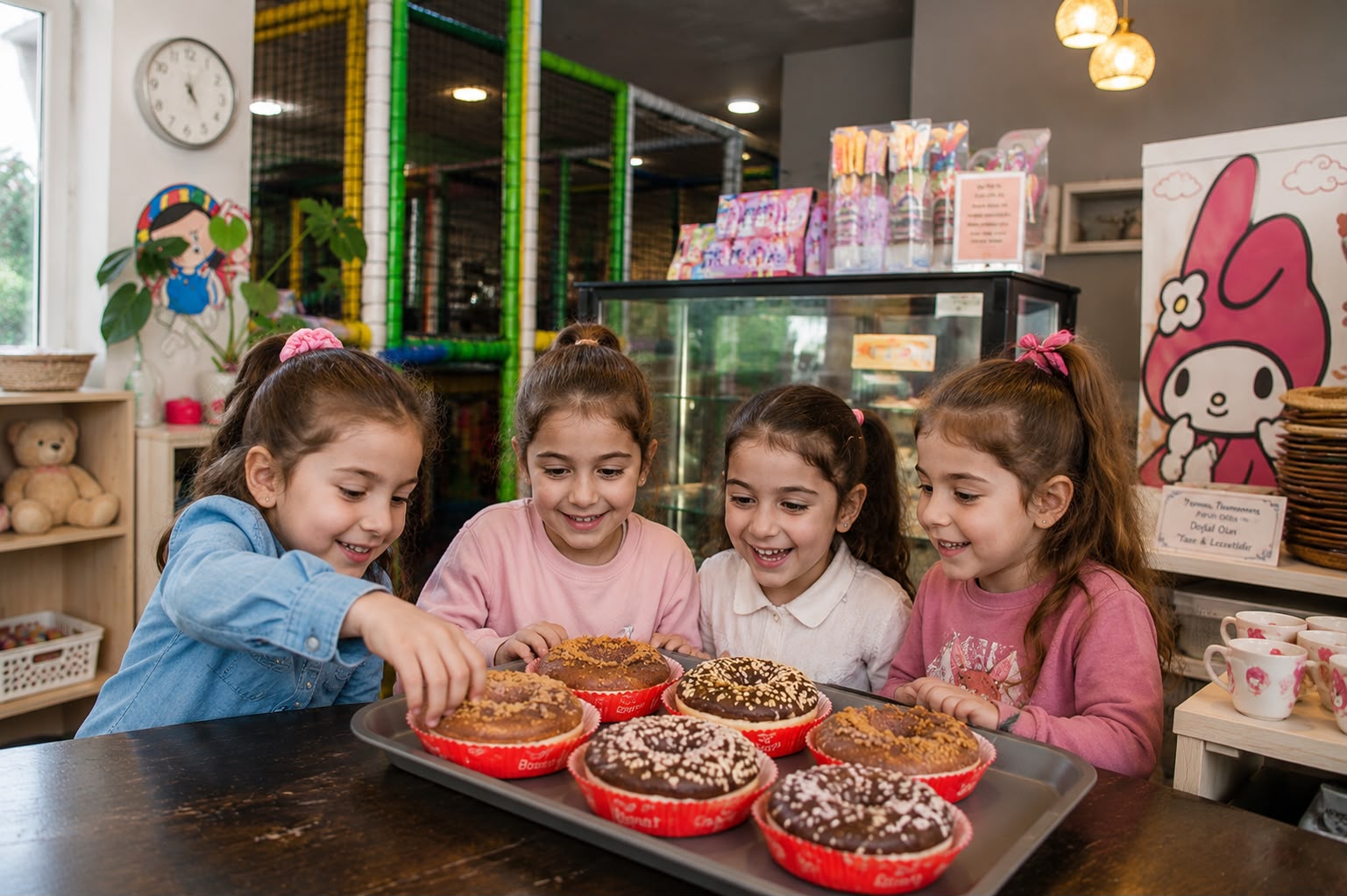 Kafe tezgahında donut yiyen kız çocukları