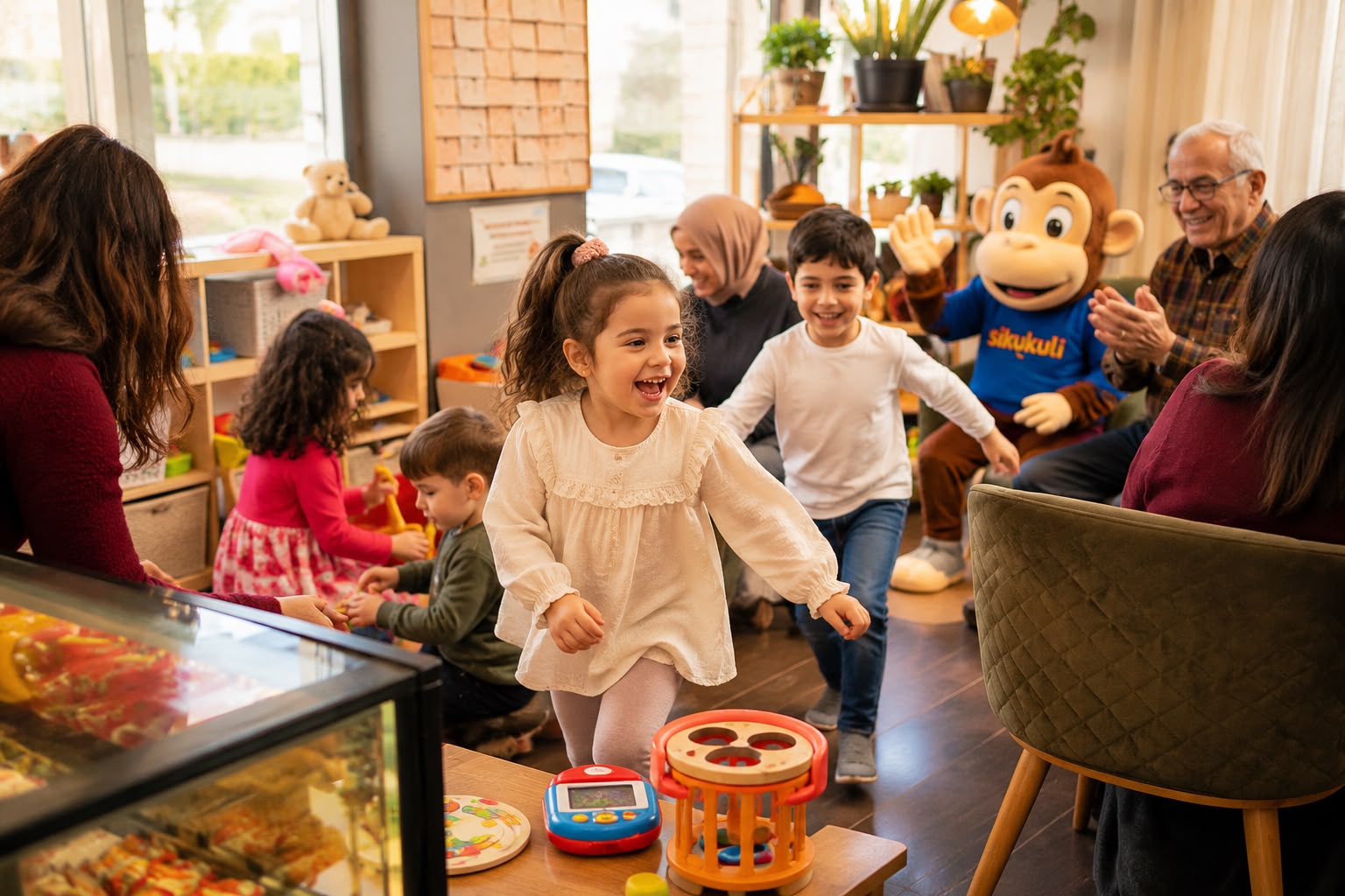 Oyun Moyun aile kafesinde çocuklar ve büyükanne-büyükbaba
